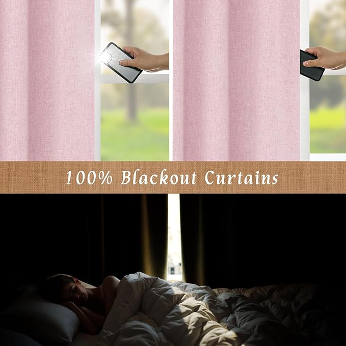 LAMIT Full Blackout Window Curtains for Baby Girl Bedroom, 54 Inches Thermal Farmhouse Curtains Back Tab and Rod Pocket Privacy Protected Panels with White Liner, 2 Panels, 52 x 54 Inch, Pink
