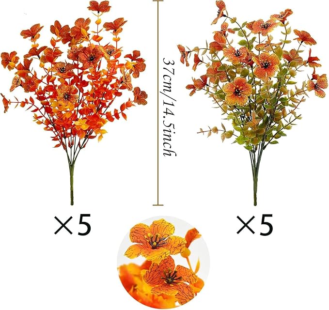 Artificial Fall Flowers for Outdoors,Faux Silk Flowers Fall Decorations,Fake Mums Eucalyptus Plants Christmas Halloween Decor for Outdoor Patio,Window Planter Autumn Fall Decor(10PCS,Orange)