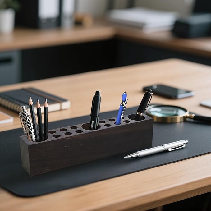 Black Walnut Wooden Pencil Box Wood Pen Holder for Desk Walnut Wooden Office Desk Organizers with 15 Holes for Countertop Pencil Makeup Brush Holder for Table Store Marker Office Supplies