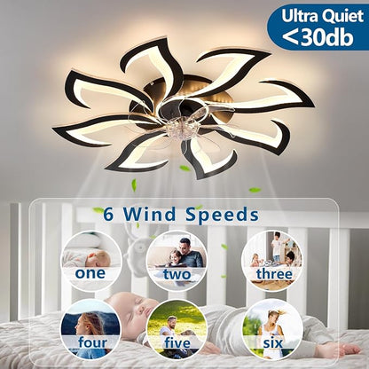 HuixuTe 32" Black 8-head Geometric Ceiling Fan with Lights Remote Control, Low Profile Ceiling Fan with Light for Kitchen Bedroom Living Room