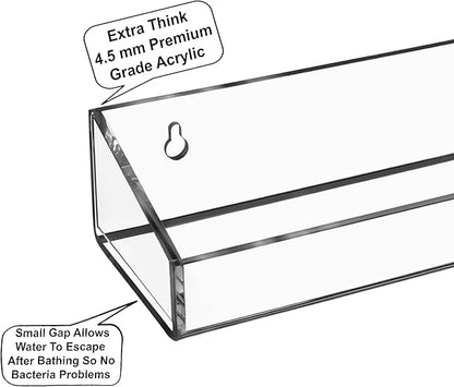 AMT 4 Pack Acrylic Floating Shelves, 15" L x 4" W, Clear Bathroom Wall Shelf, Bookshelves, Invisible Display for Office, Bedroom, Small Gap Allows Water to Escape, Free Screws & Drill Bit