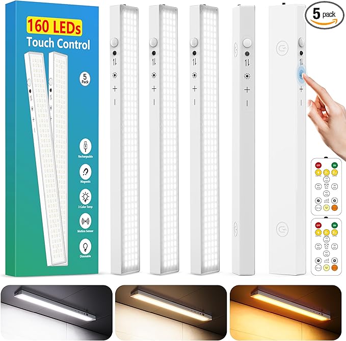 160LEDs Touch-Control Under Cabinet Lighting w/4000mAh Battery, Cordless Motion Sensor Under Counter Lights for Kitchen, Magnetic Rechargeable Closet Lights - 5Pack/White, 2025 Fall