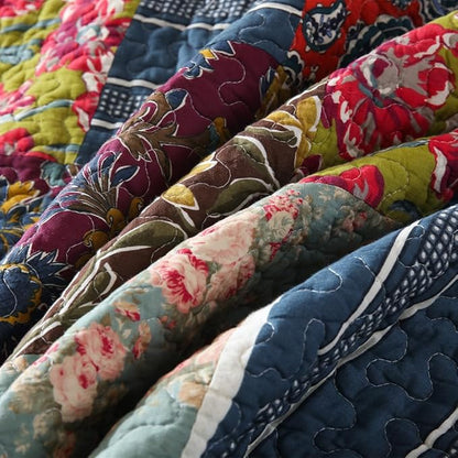 Cotton Bedspread Quilt Sets Reversible Bedding Coverlet Sets 3 Pieces Patchwork Blue Vintage Floral Paisley Bedspread, Queen Size