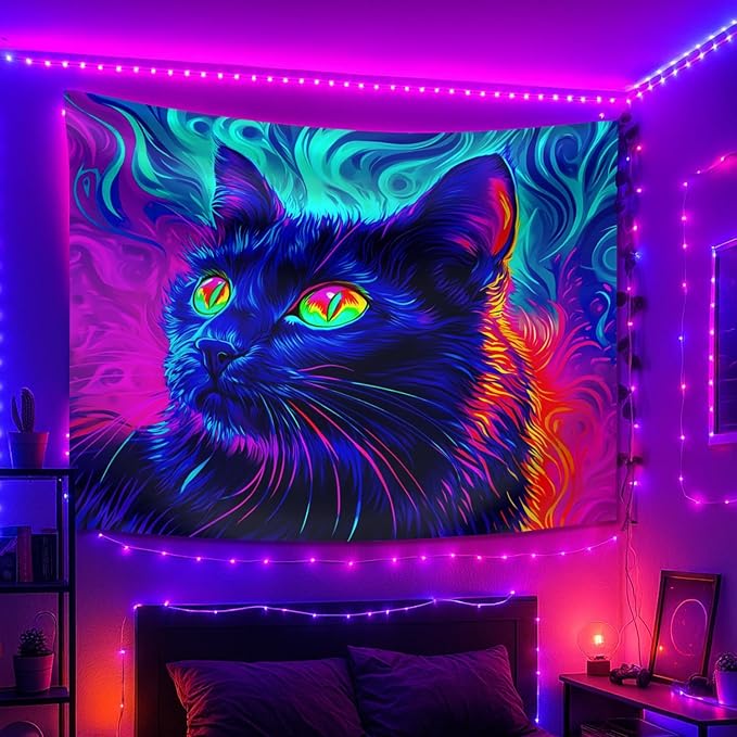 seewan Black Light Black Cat Tapestry, UV-reactive neon black cat with glowing green eyes, psychedelic abstract animal art tapestry, bedroom/dorm/living room backdrop decoration