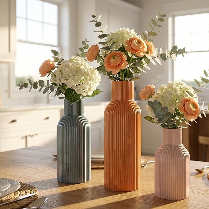 Ceramic Vases Set of 3, Modern Ribbed Vases with Glossy Finish, Decorative Flower Vases in 5.9", 7.8", 9.8" for Home Decor, Living Room, Bedroom, Table Centerpiece (Pink, Blue, Orange)