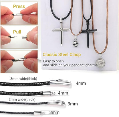 Leather Necklace Cord with Stainless Steel Clasp, Black/Brown Color Waterproof Wax Rope Chain 2mm 3mm Wide Braided Cord String Necklaces for Men Women 16"-30"
