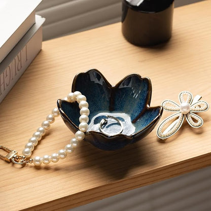 Floral Ceramic Jewelry Tray - 3.5" Elegant Ring Holder Dish & Trinket Bowl for Vanity Dresser Decor (blue)