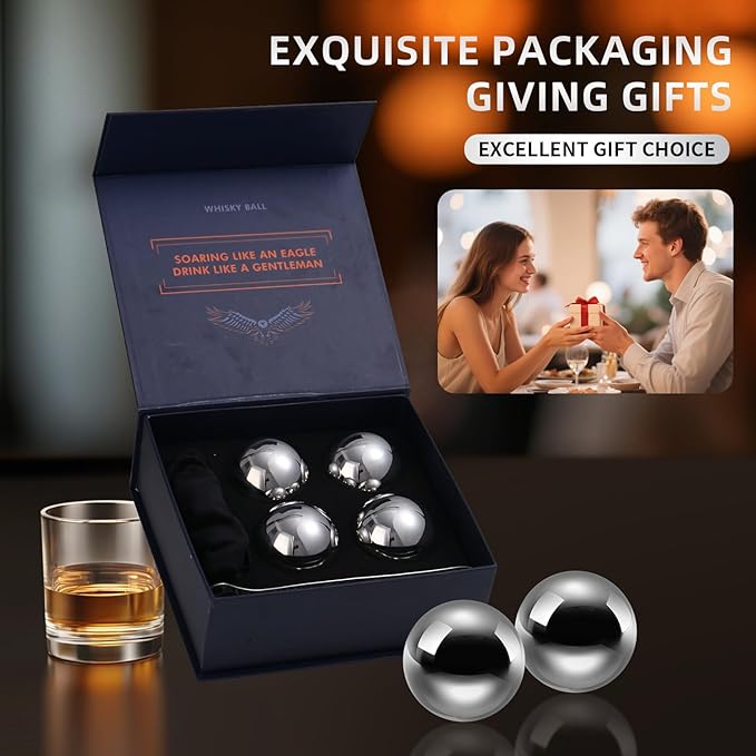 Stainless Steel Whiskey Ice Balls, Whiskey Stones, Set of 4 Reusable Metal Ice Cubes for Chilling Whiskey & Beverages - Gift Set for Men