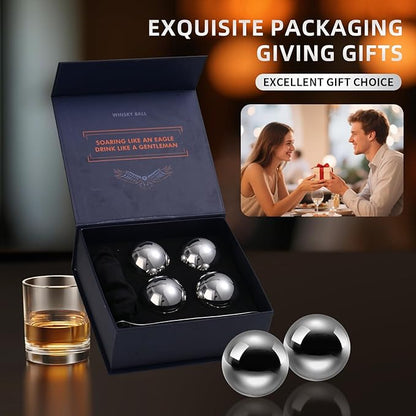 Stainless Steel Whiskey Ice Balls, Whiskey Stones, Set of 4 Reusable Metal Ice Cubes for Chilling Whiskey & Beverages - Gift Set for Men