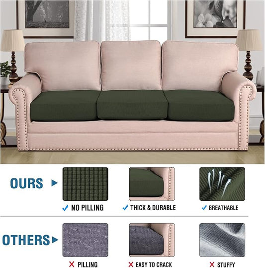 H.VERSAILTEX Super Stretch Individual Seat Cushion Covers Sofa Covers Couch Covers Slipcover Sets Thick Jacquard Textured Twill Fabric (3 Piece XL Sofa Cushion Covers, Olive)