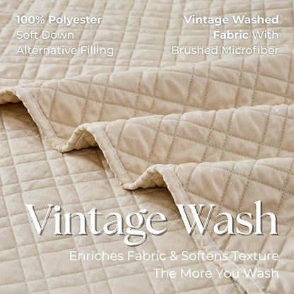 King Quilt Set with Shams Lightweight Quilted Bedspread Coverlet Thin Comforter Bed Cover Vintage Washed Quilted Blanket for All Season, Brushed Microfiber Diamond Stitching, Beige, 104"x92"