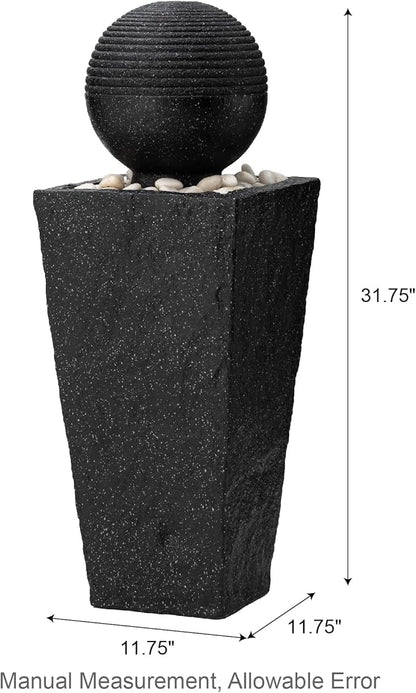 Glitzhome Outdoor Water Fountain with LED Light, Decorative Black Pedestal Water Fountains with Submersible Pump, Modern Sphere Floor Fountain with Pebbles for Garden Patio Decor Porch, 31.75”H