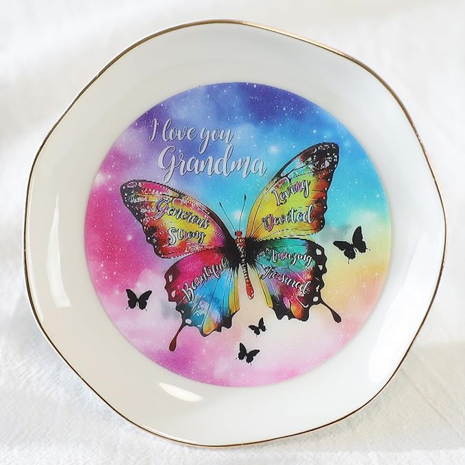 HOME SMILE I Love You Grandma Jewelry Ring Dish Tray with Dynamic Butterfly Pattern Shifts for Grandmother,Unique Mother's Day Gifts for Nana