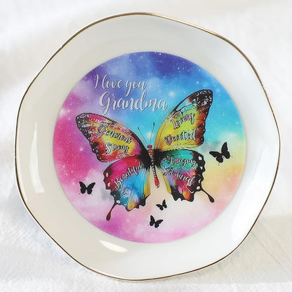 HOME SMILE I Love You Grandma Jewelry Ring Dish Tray with Dynamic Butterfly Pattern Shifts for Grandmother,Unique Mother's Day Gifts for Nana