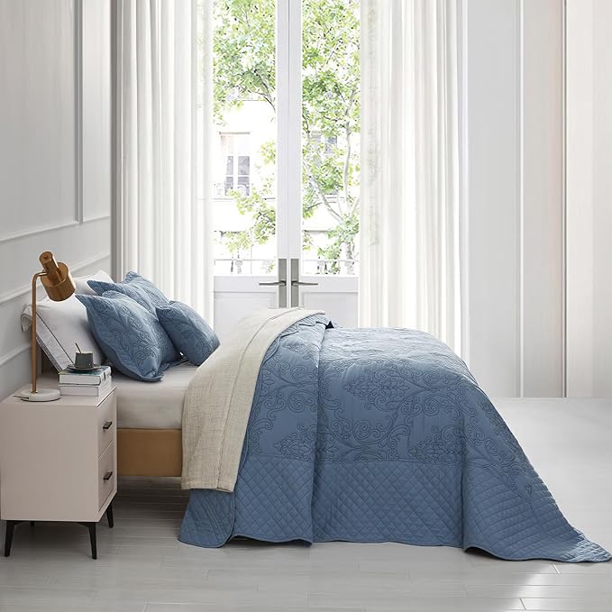 CHIXIN Oversized King Bedspread 128x120 Extra Wide - Lightweight Bedding Cover - Beautiful Stitching - 5 Piece Reversible Bedspread - Luxury Damask Paisley Pattern (King/Cal King, Ashley Blue)