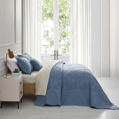 CHIXIN Bedspread Coverlet Set Queen Size - Lightweight Bedding Cover - Beautiful Stitching - 5 Piece Reversible Bedspread - Luxury Damask Paisley Pattern (Queen, Ashley Blue)