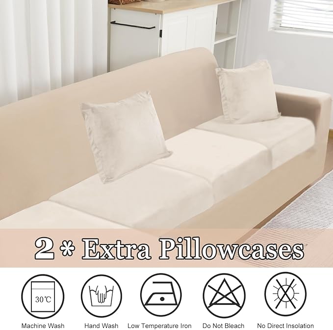 NAISI Sectional Couch Covers 6 Pieces Velvet Couch Cushion Covers L Shape Soft Stretch Sofa Slipcovers with 2pcs Pillowcases for Left/Right Chaise Sectional Couch(2 Seater+1 Chaise+3 Back,Beige)