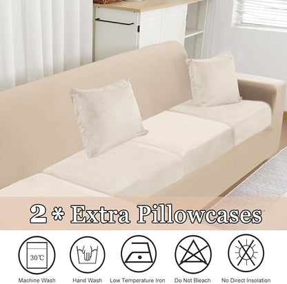 NAISI Sectional Couch Covers 8 Pieces Velvet Couch Cushion Covers L Shape Soft Stretch Sofa Slipcovers with 2pcs Pillowcases for Left/Right Chaise Sectional Couch(3 Seater+1 Chaise+4 Back,Beige)
