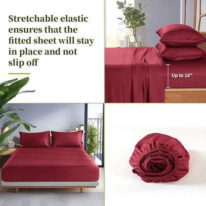 Shilucheng 100% Viscose Derived from Bamboo_ Sheets King Size 4pcs - Ultra Cooling & Silky Soft Bed Sheets, 16" Deep Pocket, Perfect for Hot Sleepers, Hotel Bedding Sheets (Burgundy)