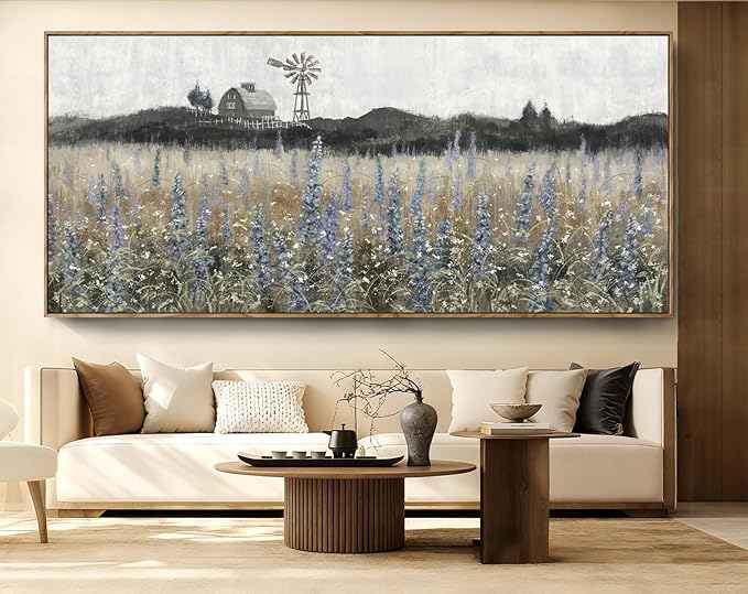 Nicetop Extra Large Vintage Framed Wall Art Nature Wilderness Lavender Flower Meadow Landscape Retro Farmhouse Windmill Barn Wildflower Canvas Print Oversized Artwork for Living Room Office 86x 39inch