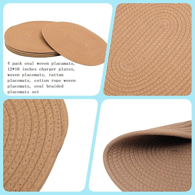 4 Pack Oval Woven Placemats, Jute Plate Chargers Rattan Woven Placemats 11.45x15.58‘’ Wicker Place mats Farmhouse Boho Braided Heat Resistant Outdoor Plate Mats Patio Tablemats for Dinning