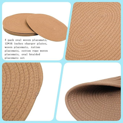 4 Pack Oval Woven Placemats, Jute Plate Chargers Rattan Woven Placemats 11.45x15.58‘’ Wicker Place mats Farmhouse Boho Braided Heat Resistant Outdoor Plate Mats Patio Tablemats for Dinning