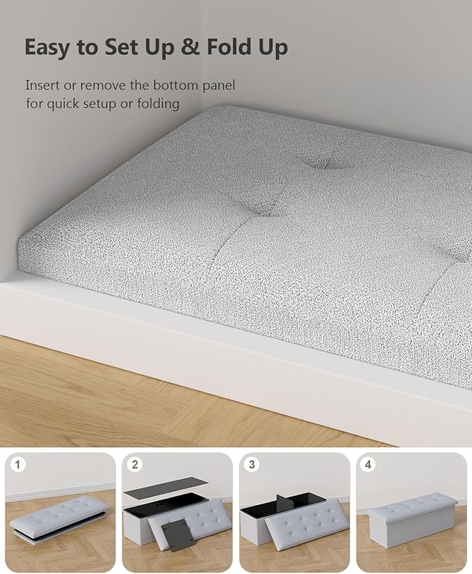 Folding Storage Ottoman Bench, Multi-Functional Ottoman Foot Rest, End of Bed Bench, Storage Chest for Living Room, Bedroom, Hallway, Entryway, Holds Up to 600 lbs (Light Gray, 43 Inches)