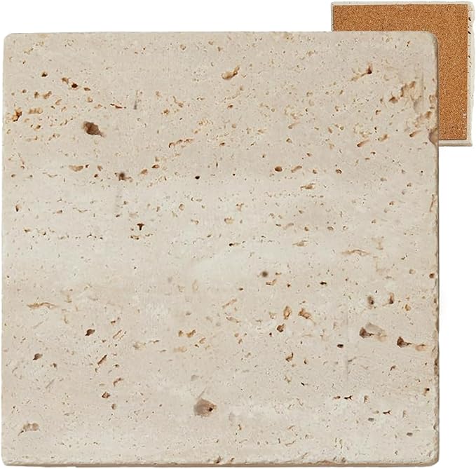 Single Stone Coaster Natural Travertine, Wood Desk Drink Coasters for Coffee Table with Thick Cork, Durable Non-Slip Cup Mat, Table Protection for Coffee, Kitchen, Bar, Wedding, 4" Square 1 pcs
