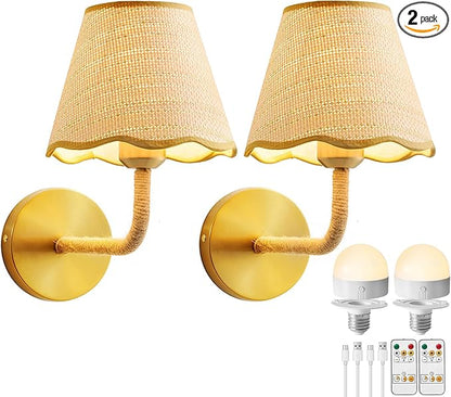 Battery Operated Rattan Wall Sconces Set of Tow, Wireless Rechargeable Battery Powered Wall Light with Grass-Woven Lampshade for Bedroom Living Room Hallway Porch(E26 Bulb Included)