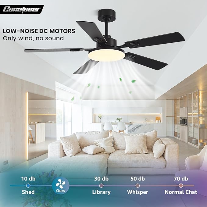 52 Inch Ceiling Fans with Lights and Remote for Bedroom Living Room Kitchen Office, Indoor/Outdoor Use, 5CCT Dimmable, 5 Blades 6 Speed Reversible Quiet DC Motor, Black/Wood Grain, 2 Pack