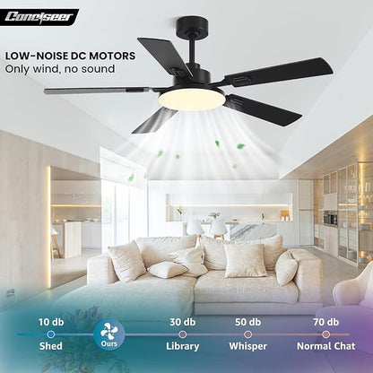 52 Inch Ceiling Fans with Lights and Remote for Bedroom Living Room Kitchen Office, Indoor/Outdoor Use, 5CCT Dimmable, 5 Blades 6 Speed Reversible Quiet DC Motor, Black/Wood Grain, 2 Pack