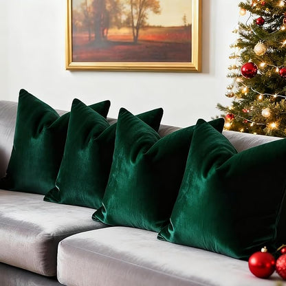 FEVERQIYI 18x18 Velvet Pillow Covers Set of 4 Christmas Green Decorative Square Throw Pillowcase Soft Solid Cushion Covers for Bedroom Living Room Outdoor Indoor Decoration