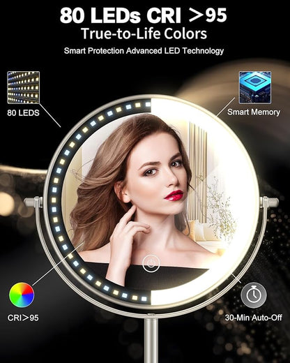 VFD 30X/1X Makeup Mirror with Lights, Height Adjustable Lighted Magnifying Vanity Mirror with 3 Lighting and Adjustable Brightness, 3000mAh Rechargeable Double Sided Switch for Desk Women Gift