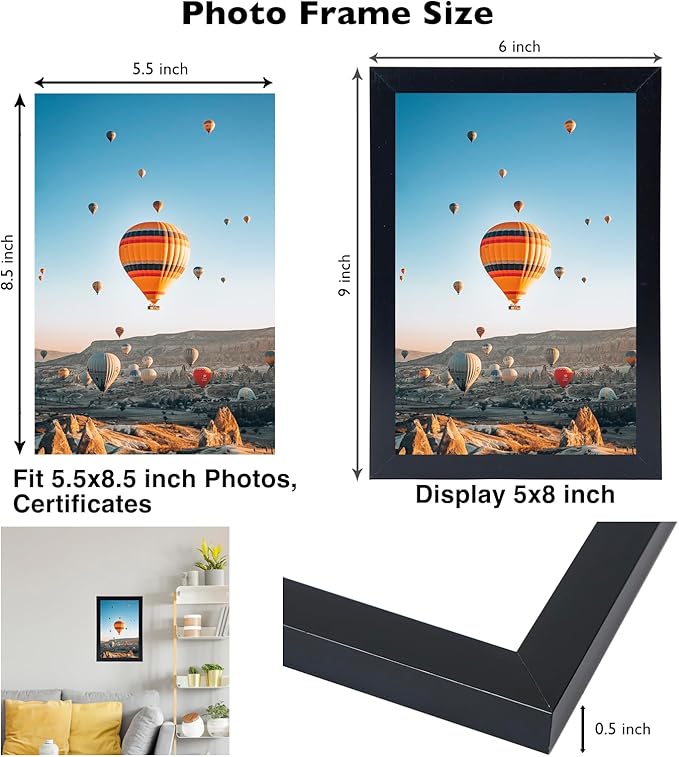 5.5x8.5 Picture Frame Set of 2 Black for Wall Hanging or Tabletop, Wall Mounting Horizontally or Vertically, 5.5 x 8.5 Wall Photo Frame with Shatter Resistant Plexiglass, 2 Pack, Black