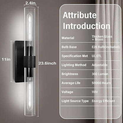 22.8" Brass Black Wall Sconces, Bathroom Vanity Light Fixtures with Clear Glass Tube, Modern Wall Lamp Lighting for Bedroom, Living Room, Hallway, Mirror, Staircase, Kitchen