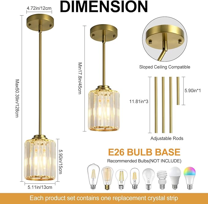 Pendant Lights Kitchen Island 3 Pack, Gold Modern Crystal Mini Chandelier Ceiling Hanging Pendant Light Fixtures for Kitchen Hallway Dining Room Bedroom