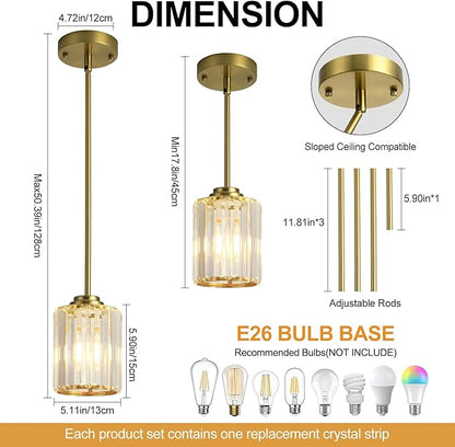 Pendant Lights Kitchen Island 3 Pack, Gold Modern Crystal Mini Chandelier Ceiling Hanging Pendant Light Fixtures for Kitchen Hallway Dining Room Bedroom