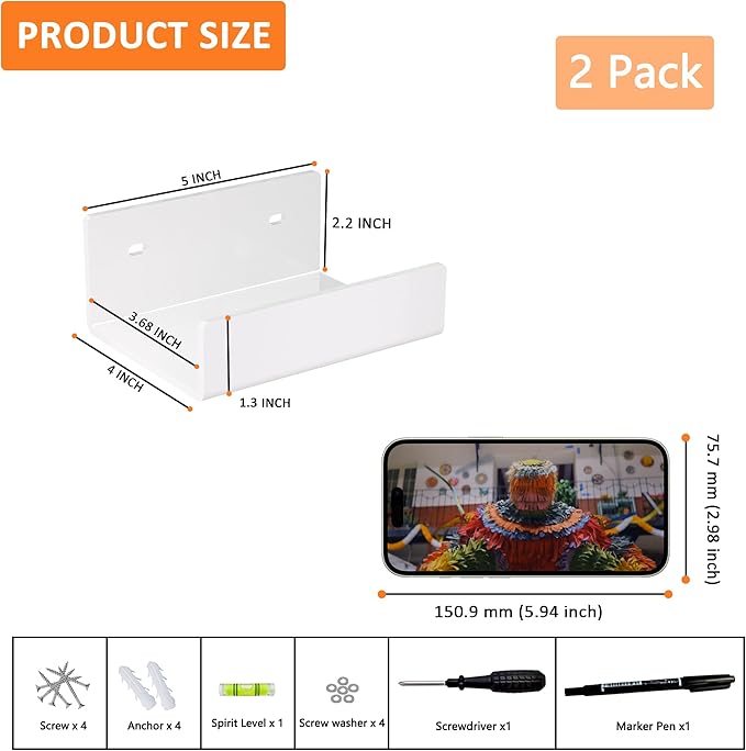 5 Inches U Shape White Acrylic Wall Shelves 2 Pack, Acrylic Small Shelves for Books, Home Décor, Digital Clock, Speaker, Toiletries