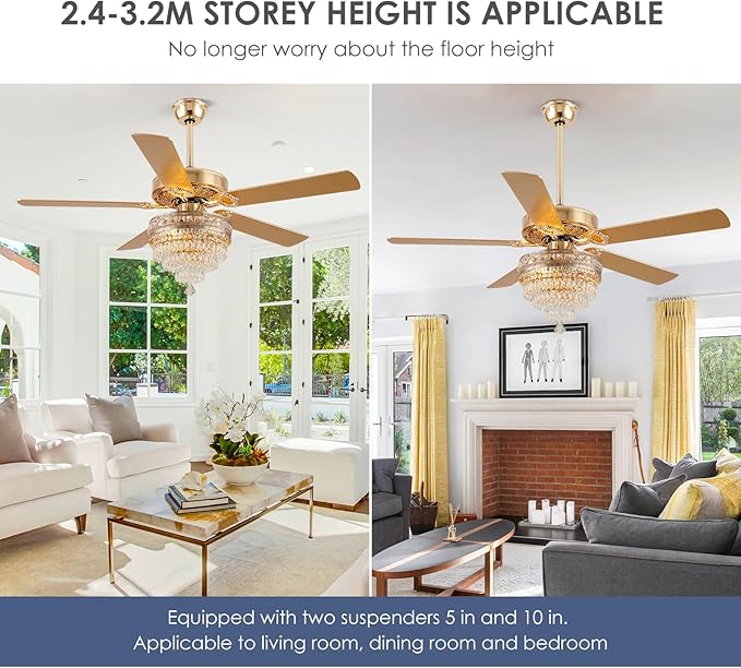 Crystal Ceiling Fan Fandelier with Lights - 52" Modern Outdoor Fans with Remote Control，Noiseless AC Motor, Retro/Farmhouse Lighting, Dining Room,Living Room (Gold