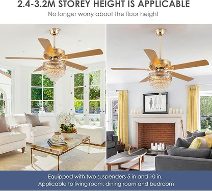 Crystal Ceiling Fan Fandelier with Lights - 52" Modern Outdoor Fans with Remote Control，Noiseless AC Motor, Retro/Farmhouse Lighting, Dining Room,Living Room (Gold