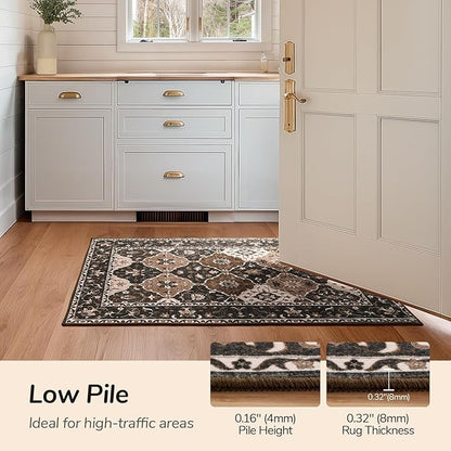 Lessymo Washable Runner Rug 2x6, Moroccan Faux Wool Runner Rugs Non Slip for Hallways Kitchen Entryway Laundry Room Bedroom, Low Pile Multicolor Oriental Rug, Kid & Pet Friendly, Taupe and Beige