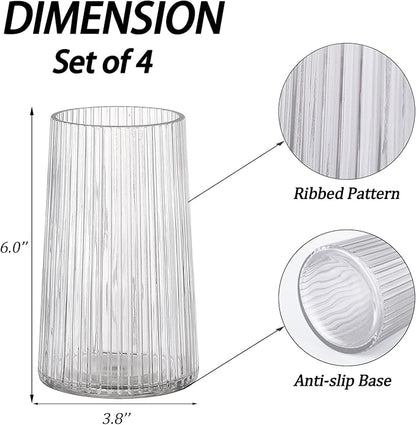 Clear Glass Vases Set of 4, Small Vases for Flowers, Flower Vase for Bouquet, Modern Ribbed Glass Vase for Living Room, Bedroom, Dining Table, Office, Wedding, Centerpieces
