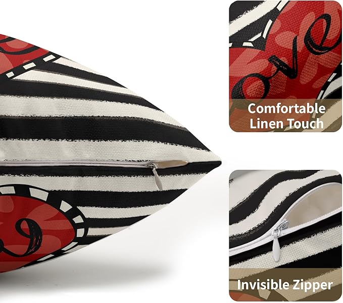 Valentines Day Pillow Covers 12x20 Set of 2 Black Red Heart Throw Pillow Covers Striped Love Pillowcase Linen Decoration Farmhouse Holiday Cozy Soft Cushion Case Couch for Indoor Outdoor Home Decor