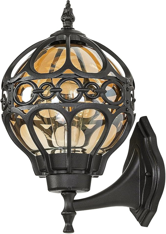 Outdoor Wall Lights, Black Globe Porch Light, Spherical Aluminum Exterior Lighting Fixtures for Patio Yard Doorway Garage, Anti-Rust Waterproof Globe Outside House Lantern Wall Mount with Amber Glass