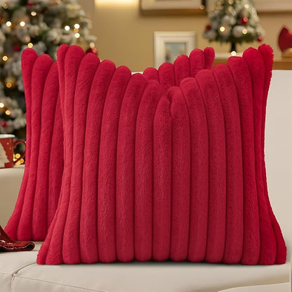 decorUhome Faux Fur Spring Throw Pillow Covers 22x22 Set of 2, Decorative Soft Plush Striped Neutral Couch Euro Sham Pillow Covers with Velvet Back for Sofa, Bed, Living Room Home, Red