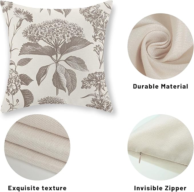 Tan Khaki Pillow Covers 18x18 Set of 2 Vintage Boho Floral Hydrangea Herbs Botanical Throw Pillow Cover Outdoor Flower Decorative Pillowcase Linen Farmhouse Cushion Case Decor for Couch Sofa