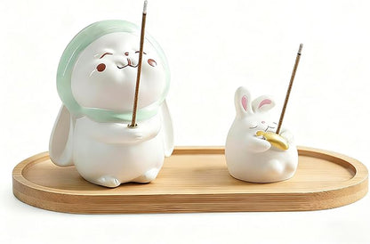 3 Pcs-Incense Holder Cute Resin Rabbit Incense Stick Holder Set with Bamboo Ash Catcher Tray - Animal Incense Burner for Meditation, Yoga & Home Decor (Fits Standard Incense Sticks)