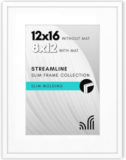 Americanflat 12x16 Picture Frame with Polished Plexiglass - Use as 8x12 Frame with Mat or Display 12x16 Photo Without Mat - Streamline Collection - Thin Border Picture Frames for Wall - White