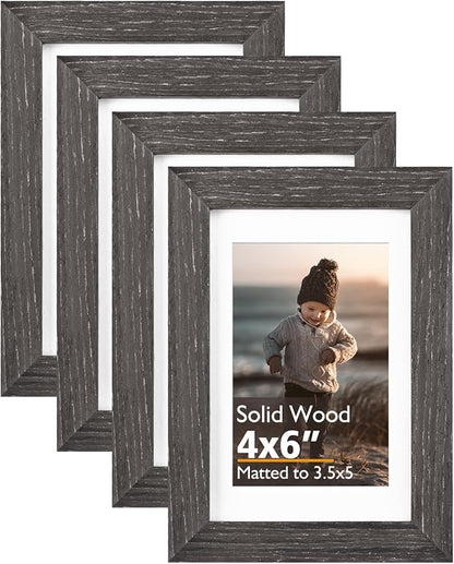 KINLINK 4x6 Frame Ash Black, Solid Wood 4 x 6 Picture Frame with Acrylic Plexiglass for 3.5x5 with Mat, Tabletop and Wall Display Photo Frames 4x6 Ash Black, 4 Pack