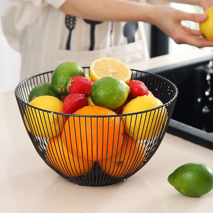 HOMQUEN Fruit Basket, Fruit Bowl, Metal Wire Fruit Basket for kitchen, Fruit Bowl for Kitchen Counter, Basket for Fruits, Vegetables, Breads, Snacks, Kitchen Gadgets (Round Tall, Black)